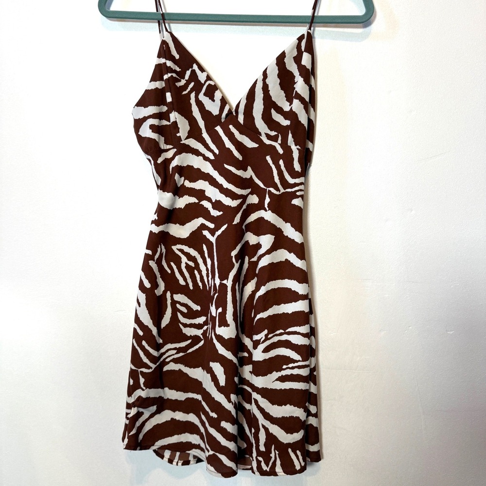 Windsor Y2K Brown Zebra Print Mini Dress Tie Back V-Neck Small